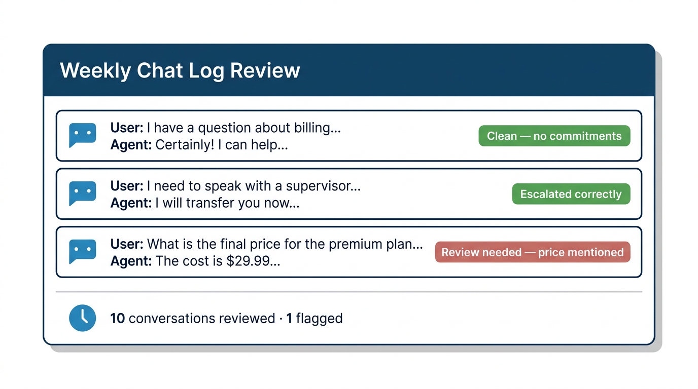 Flat UI illustration of a weekly chatbot audit log panel showing ten conversations reviewed with one flagged for follow-up