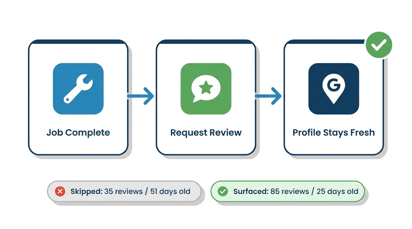 Flat vector flow diagram showing job-to-review-request process with stat comparison: 85 reviews surfaced vs 35 reviews skipped by AI