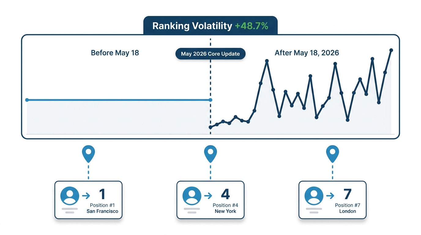 Flat vector chart showing organic ranking volatility spiking 48.7% after Google's May 2026 core update