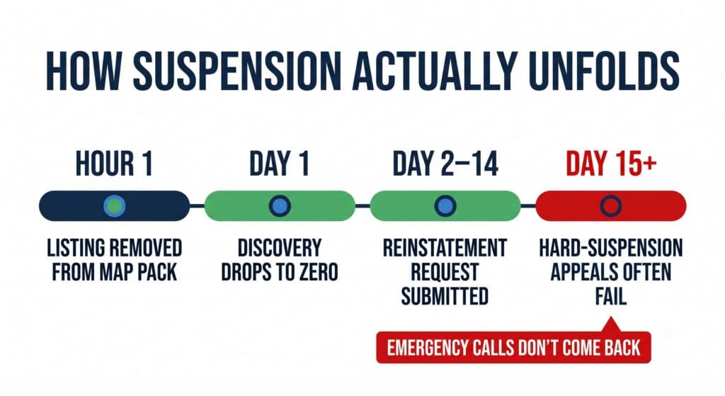 Flat vector timeline labeled 'How Suspension Actually Unfolds' showing four stages: Hour 1 listing removed from map pack, Day 1 discovery drops to zero, Day 2 to 14 reinstatement submitted, Day 15+ hard-suspension appeals often fail — with a red callout reading 'Emergency Calls Don't Come Back'