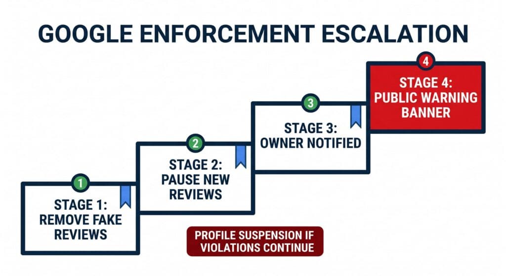 Flat vector staircase diagram labeled 'Google Enforcement Escalation' showing four stages: Stage 1 Remove Fake Reviews, Stage 2 Pause New Reviews, Stage 3 Owner Notified, Stage 4 Public Warning Banner — above a red box reading 'Profile Suspension if Violations Continue'